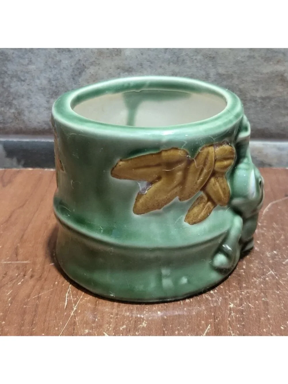 Vintage Majolica Green Ceramic Elephant Trunk Up Planter Pot Mid Century Decor